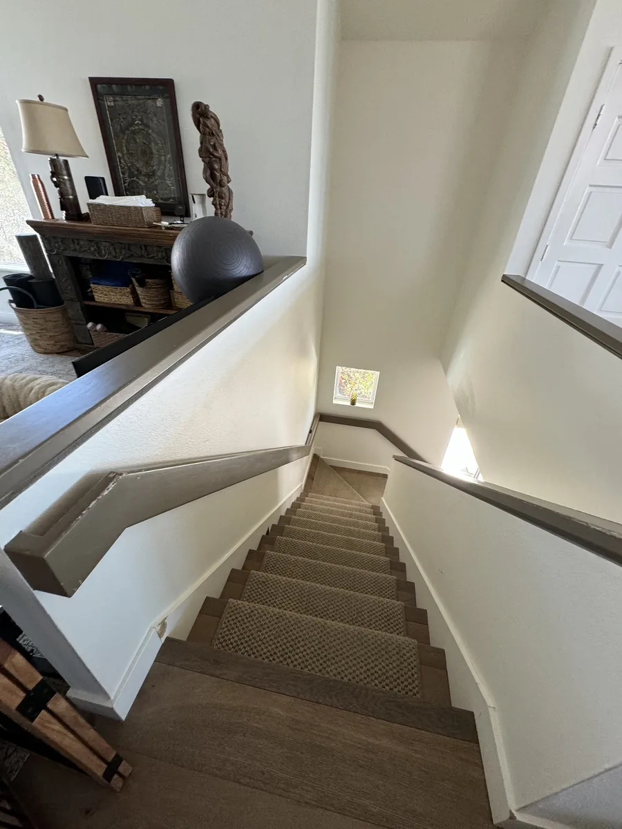 Carpeted interior staircase with freshly finished white walls and a dark handrail