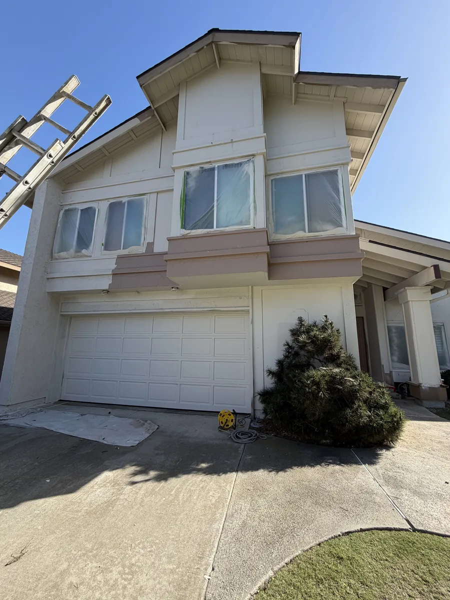 Two-story house with a ladder reaching the roofline above a white garage door